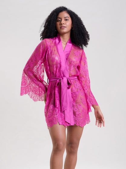 Fuchsia Lace Robe With Thong
