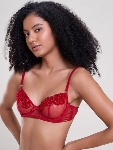 Poppy Red Hand Embellished Bra & Thong Set