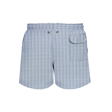 House of Malabaar boy's abstract wave print swim shorts with back pocket.