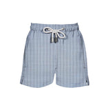 House of Malabaar boy's abstract wave print swim shorts with two side and one back pocket..