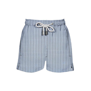 House of Malabaar boy's abstract wave print swim shorts with two side and one back pocket..